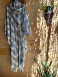 Blue Taupe Feather Print Prayer Shawl | Ethereal Nature Khushoo Esdalat