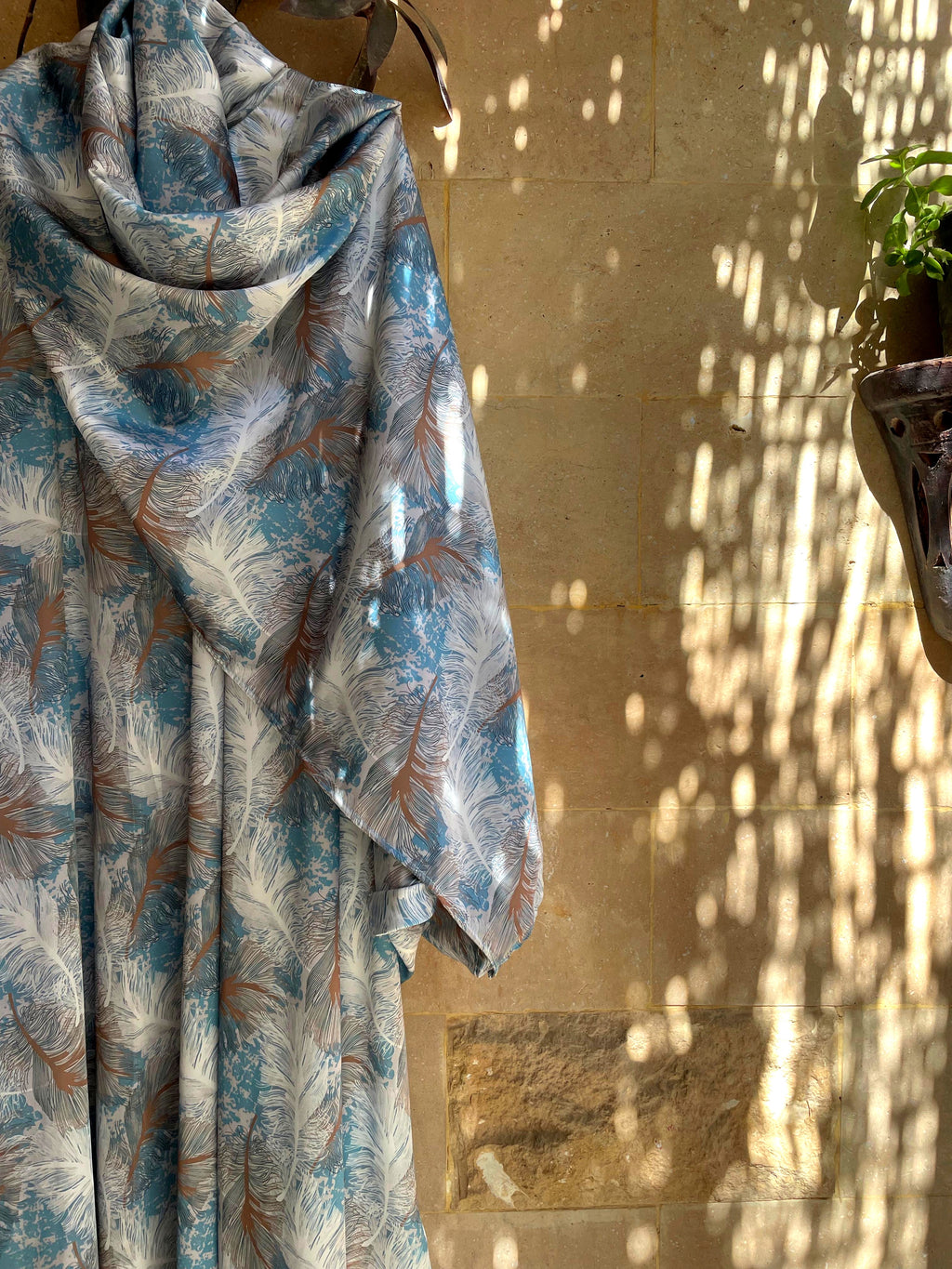 Blue Taupe Feather Print Prayer Shawl | Ethereal Nature Khushoo Esdalat
